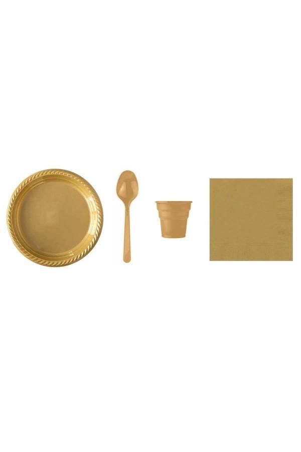 Ambalaj Evi Gold Plastik Tabak Plastik Bardak Plastik Kaşık Peçete Seti 95 Parça Sofra Seti Parti Seti - Image 1