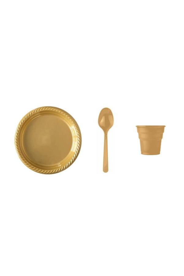 Ambalaj Evi Gold Plastik Tabak Plastik Bardak Plastik Kaşık Seti 75 Parça Sofra Seti Parti Seti - Image 1