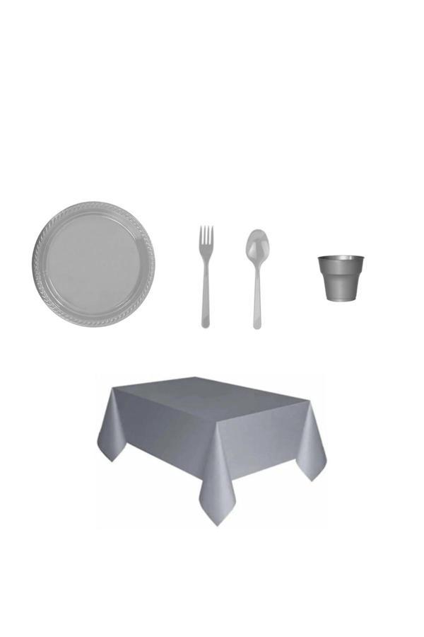 Ambalaj Evi Gri Plastik Tabak Bardak Plastik Çatal Plastik Kaşık Masa Örtüsü Seti 101 Parça Sofra Seti - Image 1