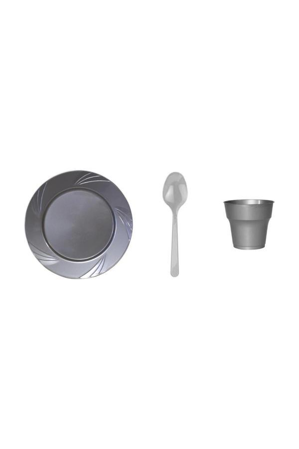 Ambalaj Evi Gri Plastik Tabak Plastik Bardak Plastik Kaşık Seti 75 Parça Sofra Seti Parti Seti - Image 1