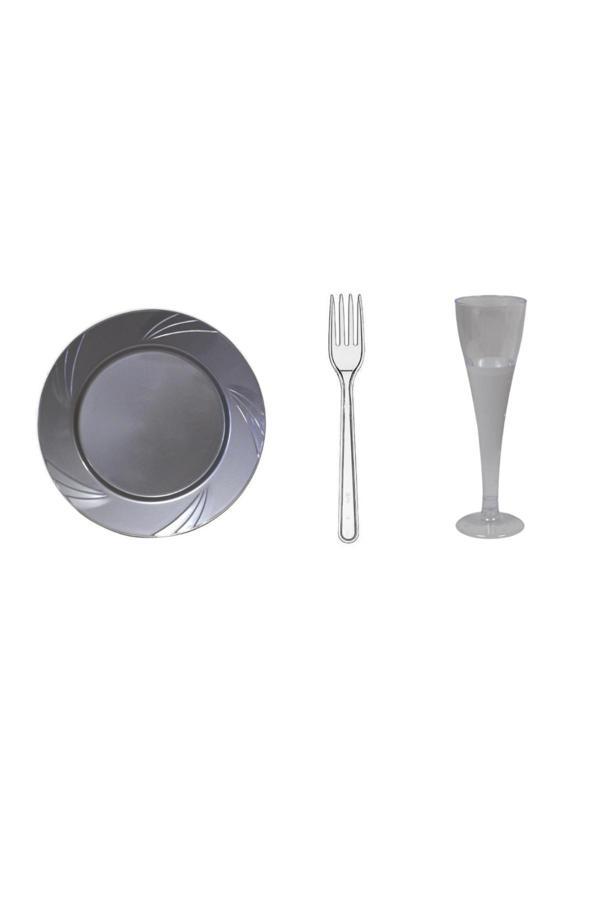 Ambalaj Evi Gümüş Mika Tabak Şampanya Kadeh Çatal Seti 18 Parça Sofra Seti Mika Set - Image 1