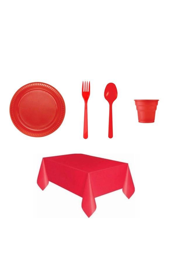 Ambalaj Evi Kırmızı Plastik Tabak Bardak Plastik Çatal Plastik Kaşık Masa Örtüsü Seti 101 Parça Sofra Seti - Image 1