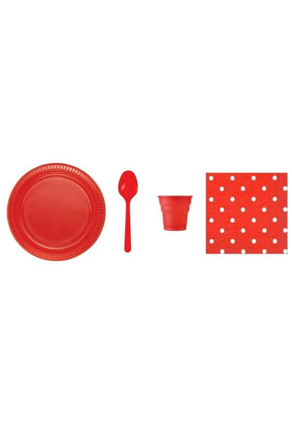 Ambalaj Evi Kırmızı Plastik Tabak Plastik Bardak Plastik Kaşık Puantiyeli Peçete Seti 95 Parça Sofra Seti - Image 1
