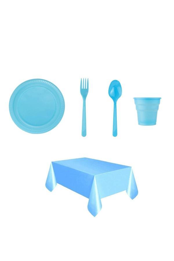 Ambalaj Evi Mavi Plastik Tabak Bardak Plastik Çatal Plastik Kaşık Masa Örtüsü Seti 101 Parça Sofra Seti - Image 1