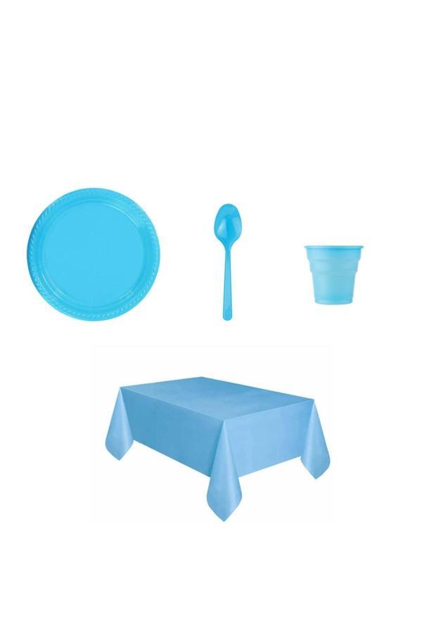 Ambalaj Evi Mavi Plastik Tabak Plastik Bardak Plastik Kaşık Masa Örtüsü Seti 76 Parça Sofra Seti - Image 1