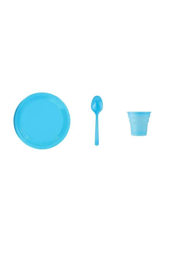Ambalaj Evi Mavi Plastik Tabak Plastik Bardak Plastik Kaşık Seti 75 Parça Sofra Seti Parti Seti - Image 1