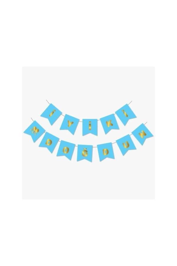 Ambalaj Evi Mavi Üstüne Gümüş Mavi Zemin Parlak Gümüş Yazı Iyi Ki Doğdun Bayrak - Image 1