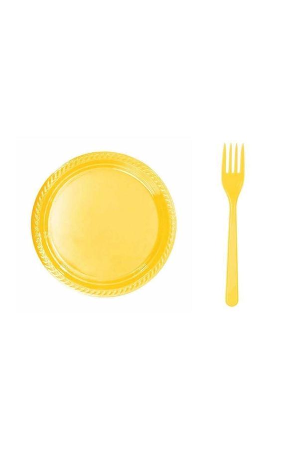 Ambalaj Evi Sarı Plastik Tabak Plastik Çatal Seti Parti Seti 50 Parça Sofra Seti Parti Seti - Image 1