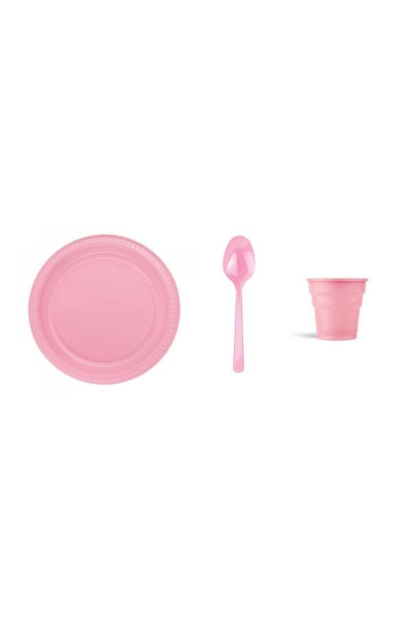 Ambalaj Evi Pembe Plastik Tabak Plastik Bardak Plastik Kaşık Seti 75 Parça Sofra Seti Parti Seti - Image 1