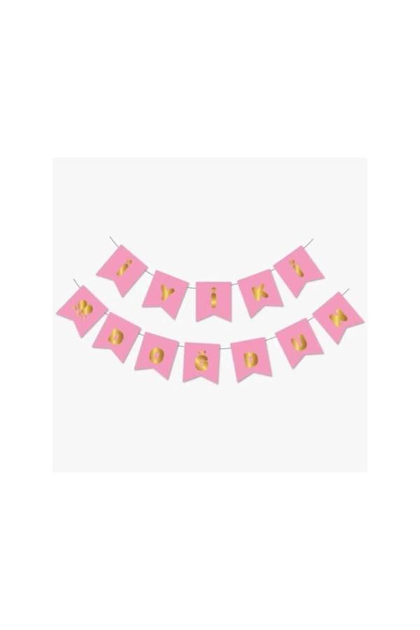 Ambalaj Evi Pembe Üstüne Gold Altın Pembe  Zemin Parlak Gold Yazı İyi Ki Doğdun Bayrak - Image 1