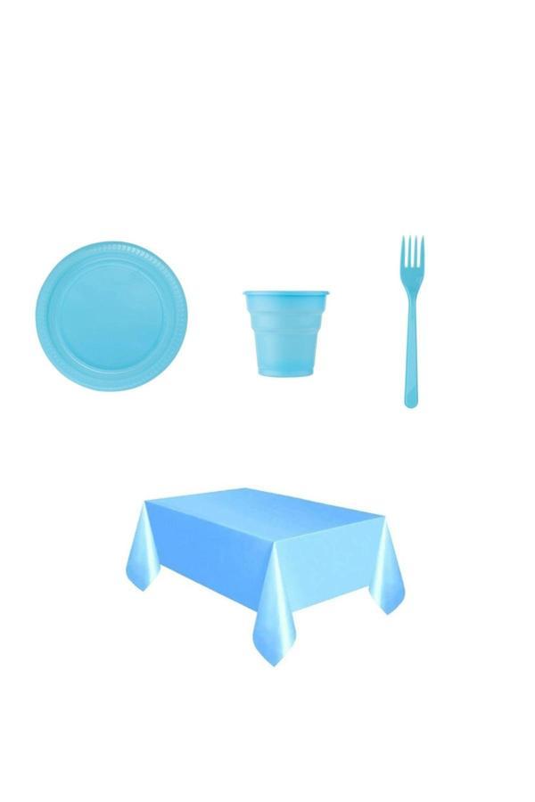 Ambalaj Evi Plastik Tabak Bardak Çatal Masa Örtüsü Seti Mavi 76 Parça Sofra Seti Plastik Parti Seti - Image 1