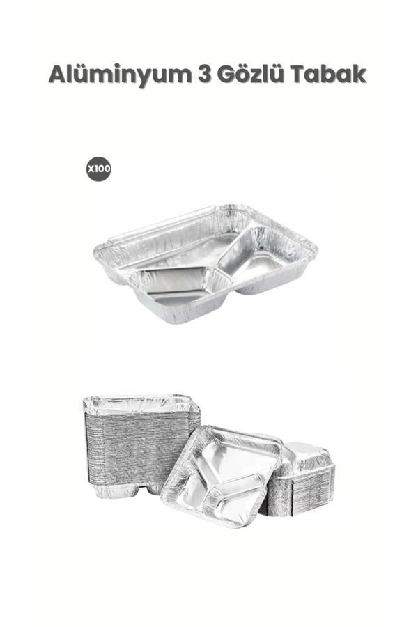 Ambalaj Evi Alüminyum 3 Gözlü Tabak 100 Adet - Image 1