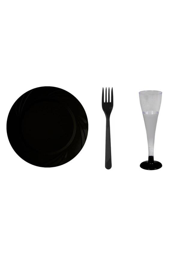 Ambalaj Evi Siyah Mika Tabak Şampanya Kadeh Çatal Seti 18 Parça Sofra Seti Mika Set - Image 1