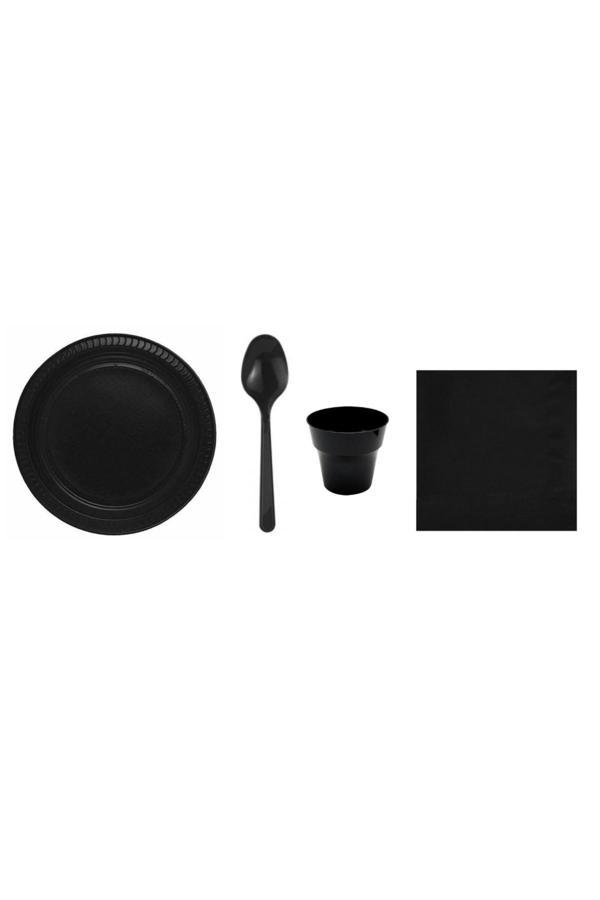 Ambalaj Evi Siyah Plastik Tabak Plastik Bardak Plastik Kaşık Peçete Seti 95 Parça Sofra Seti Parti Seti - Image 1