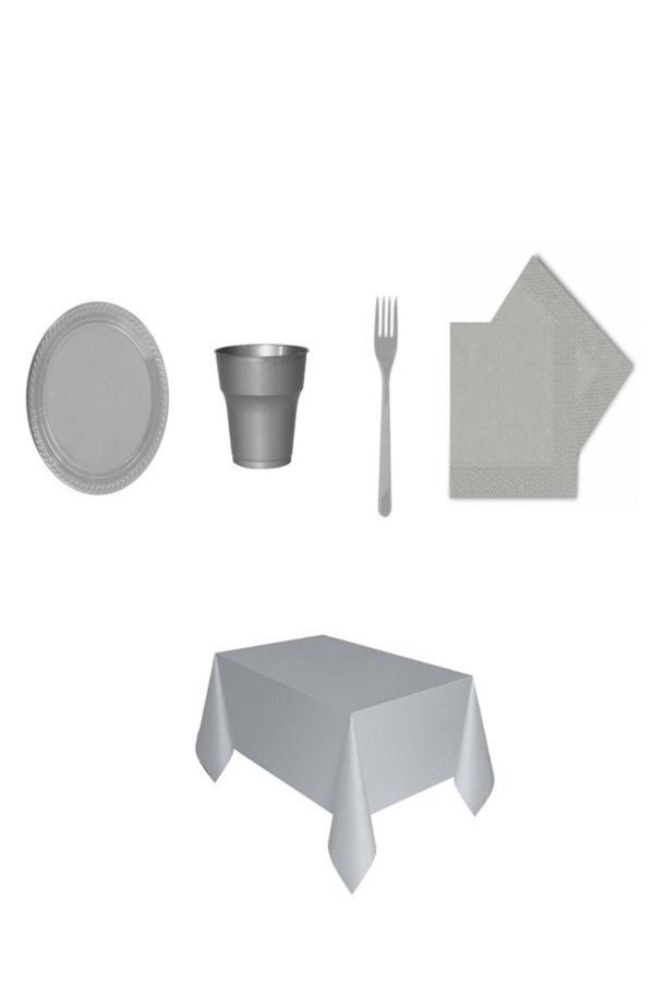 Ambalaj Evi Tabak Seti Plastik Parti Tabak Seti Gri 96 Parça Set - Image 1