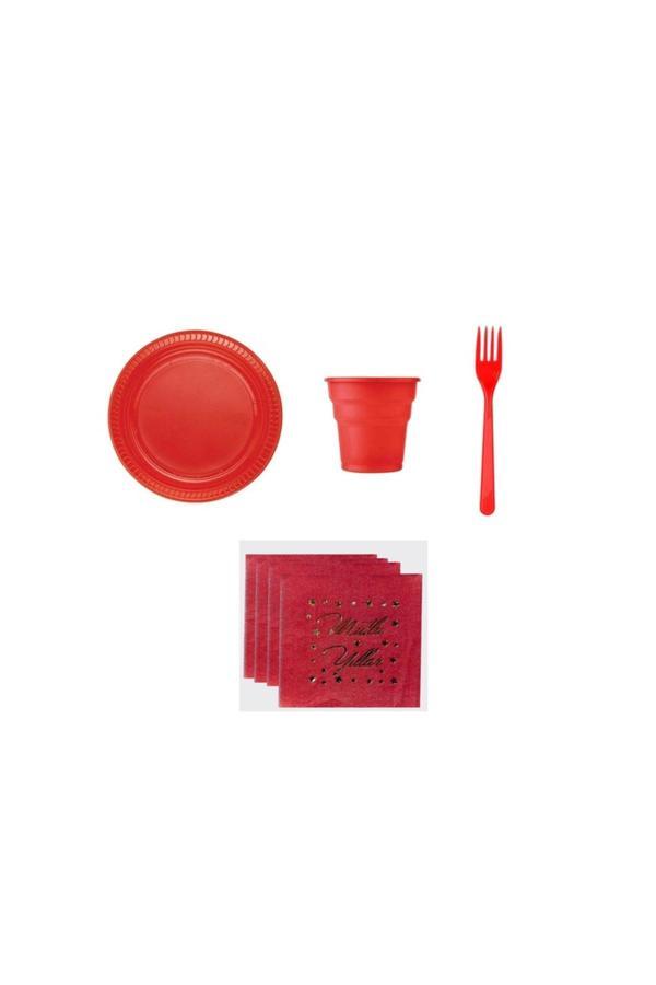 Ambalaj Evi Yılbaşı Sofra Seti Mutlu Yıllar Parti Seti Yılbaşı Kırmızı Sofra Seti 91 Parça Set - Image 1