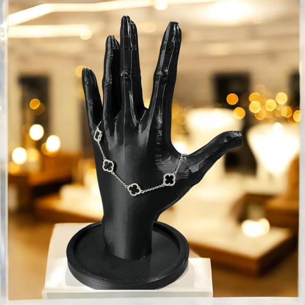 925 Ayar Gümüş Siyah Taşlı Şanslı Yonca Van Cleef Zirkon Taşlı Minimal Bileklik - Image 1