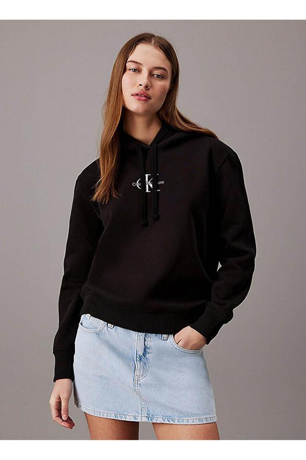 Calvin Klein Kadın Monologo Regular Hoodıe Sweatshirt-Siyah - Image 1