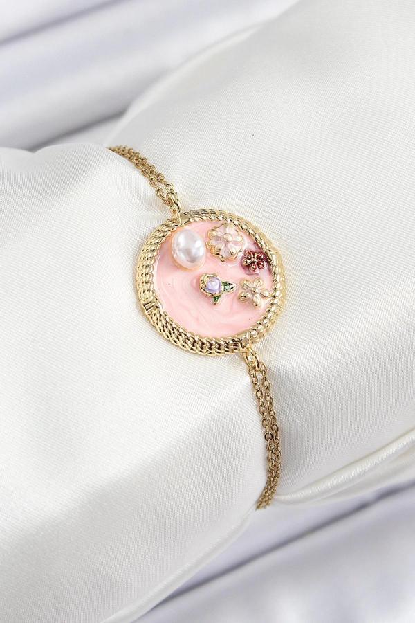 316L Çelik Zincir Pembe Mineli Sanatsal Portre İnci Detaylı Çiçek Model Gold Renk Kadın Bileklik - Image 1