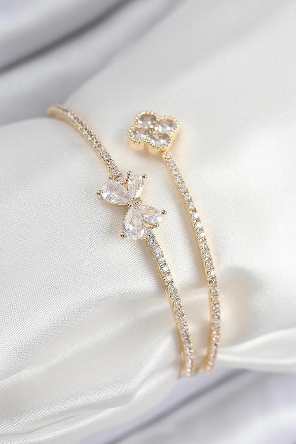 Pirinç Zirkon Taşlı Fiyonk Ve Yonca Model Gold Renk Kadın Bileklik - Image 1