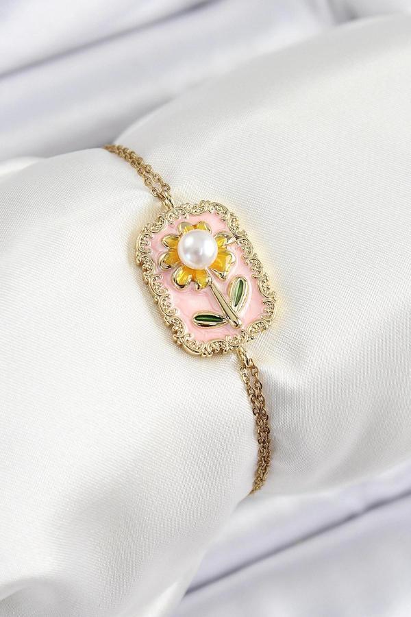 316L Çelik Zincir Pembe Mineli Sanatsal Portre İnci Detaylı Papatya Model Gold Renk Kadın Bileklik - Image 1