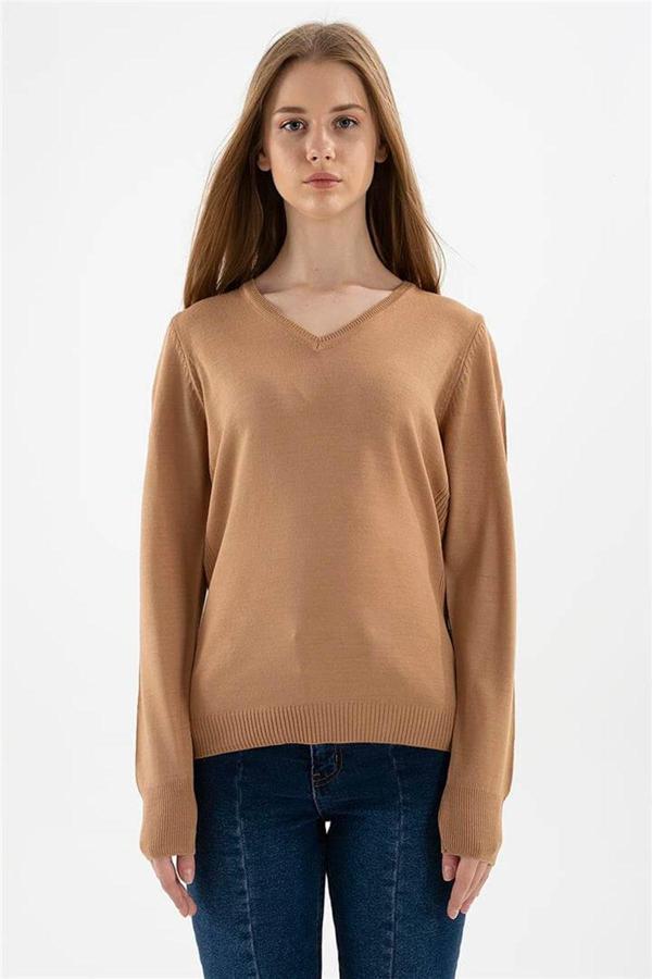 Fashion Friends Regular Fit V Yaka Triko Bayan Kazak 24K0244K1 CAMEL - Image 1