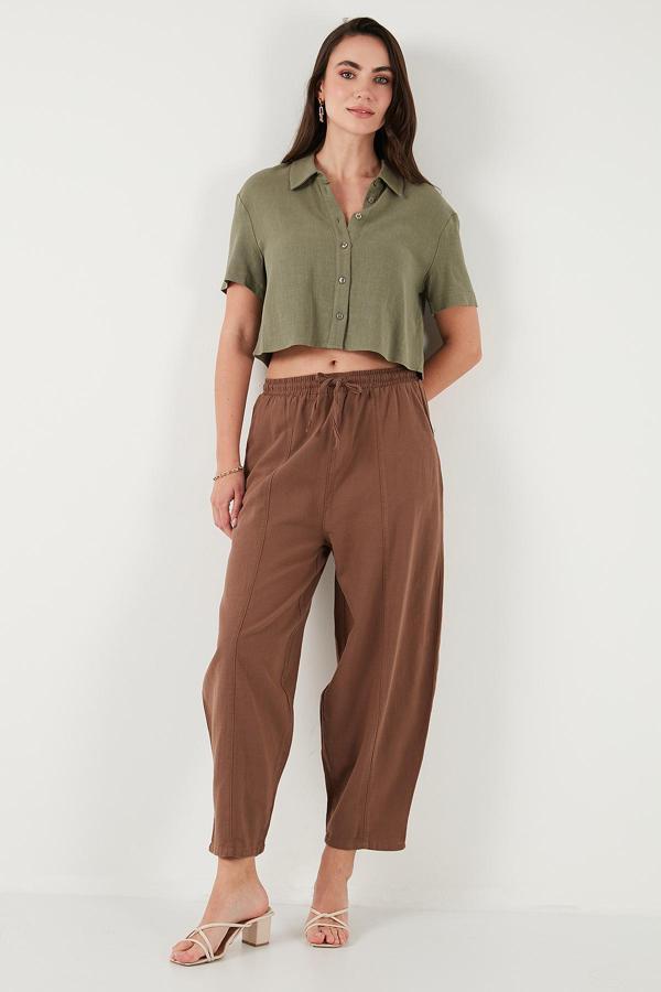 Lela Pamuklu Relaxed Fit Normal Bel Daralan Paça Bayan Pantolon 668YP5198 KAHVE - Image 1