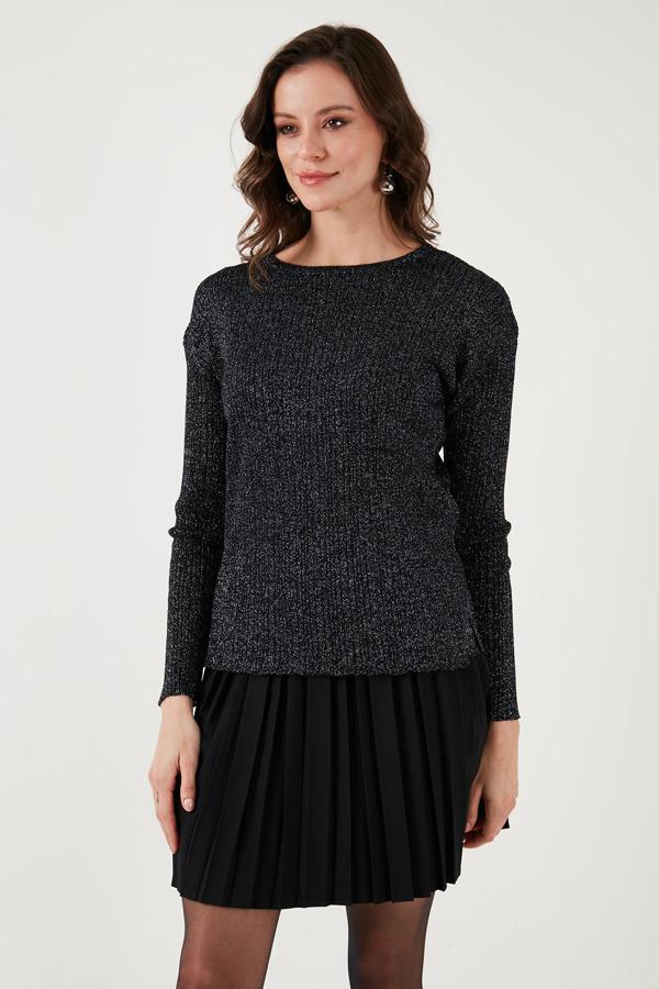 Fashion Friends Regular Fit Bisiklet Yaka Simli Triko Bayan Bluz 24K0383K1 SİYAH - Image 1
