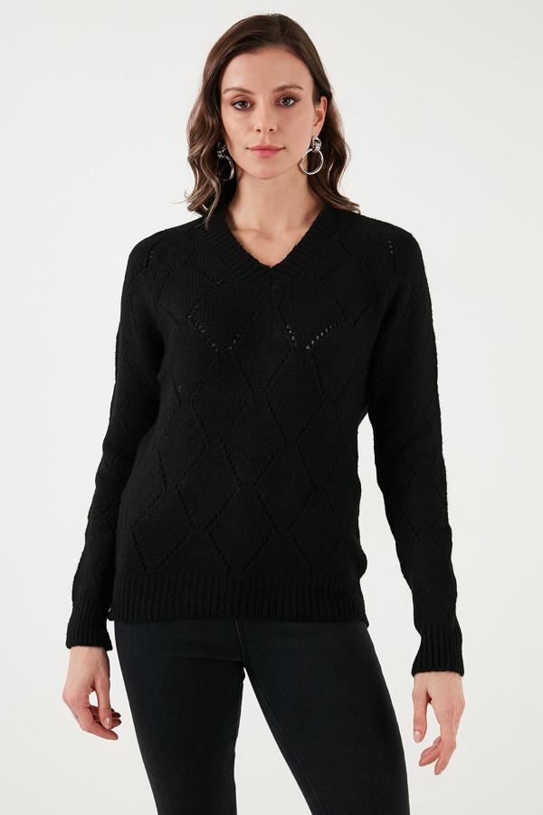 Fashion Friends Regular Fit V Yaka Ajurlu Bayan Kazak 24K0186K1 SİYAH - Image 1