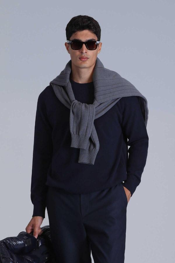 Lufian Moon Streç Yün Karışımlı Regular Fit Bisiklet Yaka Erkek Kazak 112090128 LACİVERT - Image 1