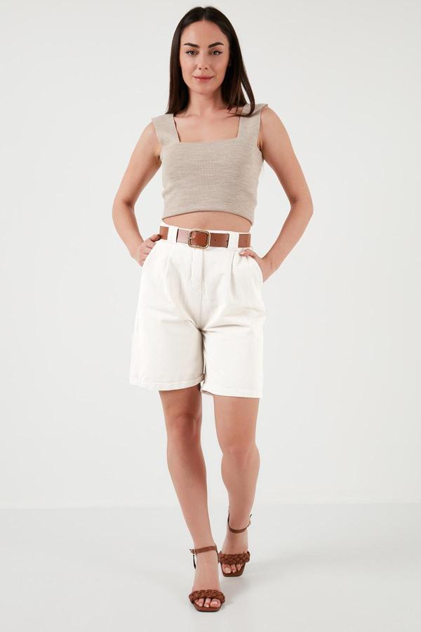 Lela Pamuklu Relaxed Fit Yüksel Bel Kemerli Gabardin Short Bayan Şort 668YP4710 BEYAZ - Image 1