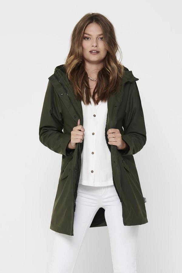 Only Onlsally Su Geçirmez Kapüşonlu Fermuar ve Çıtçıt Kapamalı Regular Fit Bayan Mont 15206116 HAKİ - Image 1