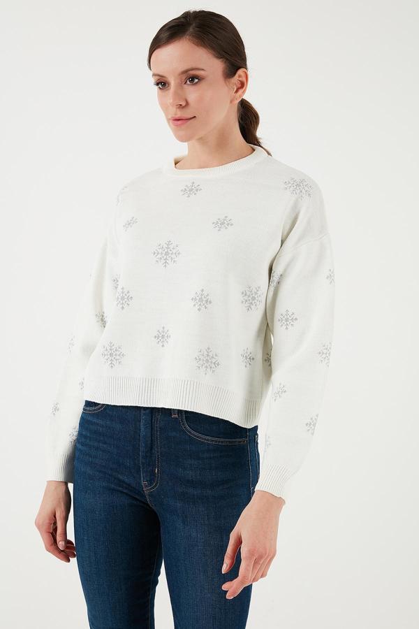 Fashion Friends Standart Fit Bisiklet Yaka Desenli Bayan Kazak 24K0268K1 EKRU - Image 1