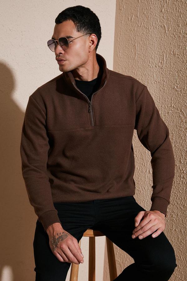 Buratti Pamuklu Regular Fit Yarım Fermuarlı Dik Yaka Erkek Kazak 456112 KAHVE - Image 1