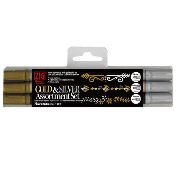Supertrend Gold & Silver Metalik Kaligrafi Yazı Kalemi Seti 3'lü (Fırça Uç, Kesik Uç, Yuvarlak Uç) - Image 1