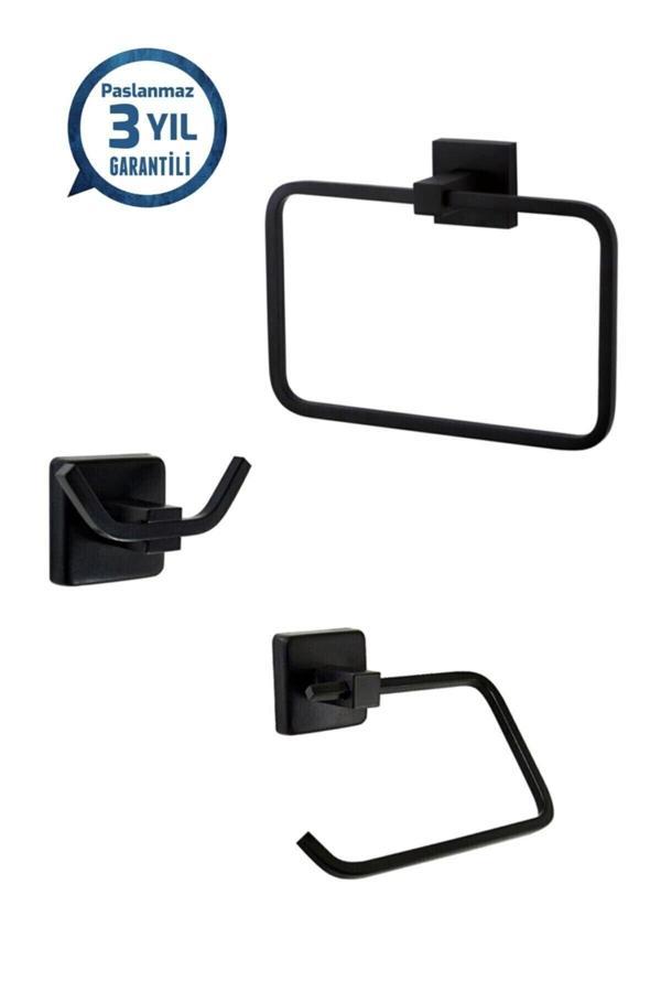 Csk Banyo Paslanmaz Pirinç Banyo Aksesuar Set Havluluk-Bornozluk-Tuvalet Kağıtlık Mat Siyah - Image 1