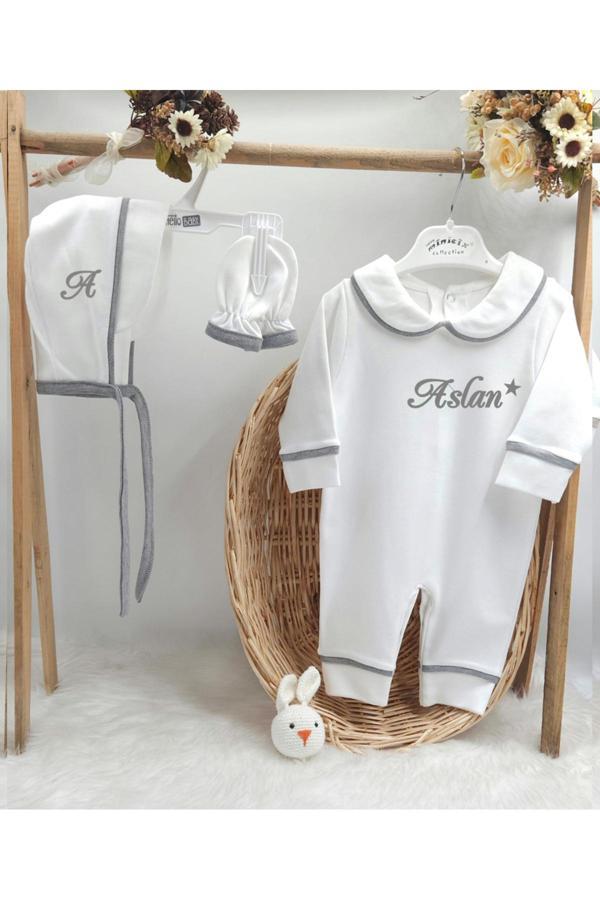 Gros Shop Biyeli 3'Lü %100 Pamuklu Hastane Çıkış Tulum Seti (Kişiye Özgü İsimli Nakış Desenli) - Image 1