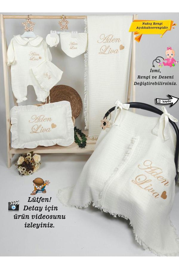 Gros Shop 4Katlı Müslin Kumaş Yakalı Tulum %100Pamuk Hastane Çıkışı-Hediyelik(Kişiye Özgüisimli Nakış Desenli) - Image 1