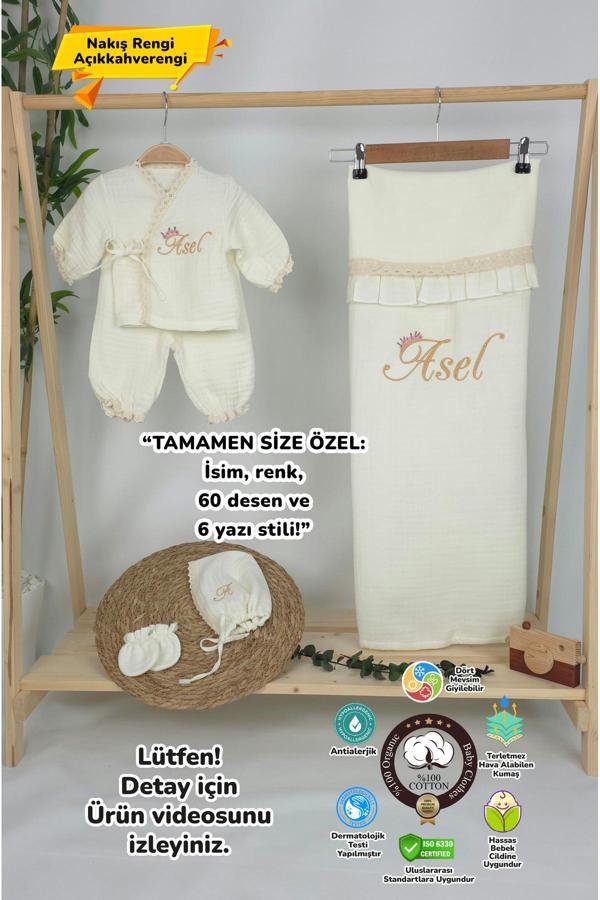 Gros Shop Müslin Yeni Doğan 4Katlı Organik %100Pamuk Kişiye Özgü Nakışlı Hastane Çıkış Seti (Papatya Model-2) - Image 1