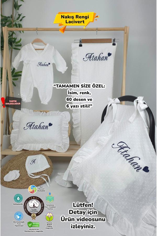 Gros Shop Müslin Yeni Doğan 2Katlı Organik %100Pamuk Kişiye Özgü Nakışlı Hastane Çıkış Seti (Kalpli Model-2) - Image 1