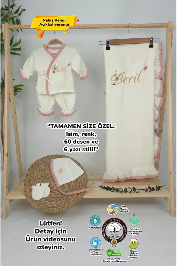 Gros Shop Müslin Yeni Doğan 4Katlı Organik %100Pamuk Kişiye Özgü Nakışlı Hastane Çıkış Seti (Pudra Biyeli-1) - Image 1