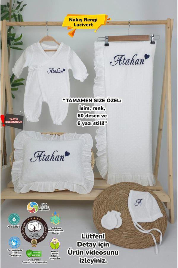 Gros Shop Müslin Yeni Doğan 2Katlı Organik %100Pamuk Kişiye Özgü Nakışlı Hastane Çıkış Seti (Kalpli Model-2) - Image 1