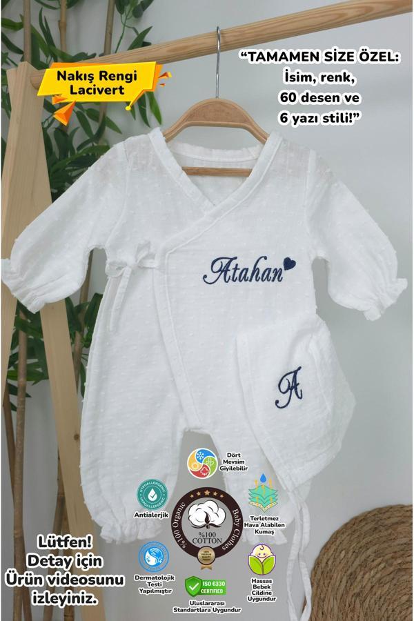 Gros Shop Müslin Yeni Doğan 2Katlı Organik %100Pamuk Kişiye Özgü Nakışlı Hastane Çıkış Seti (Kalpli Model-2) - Image 1