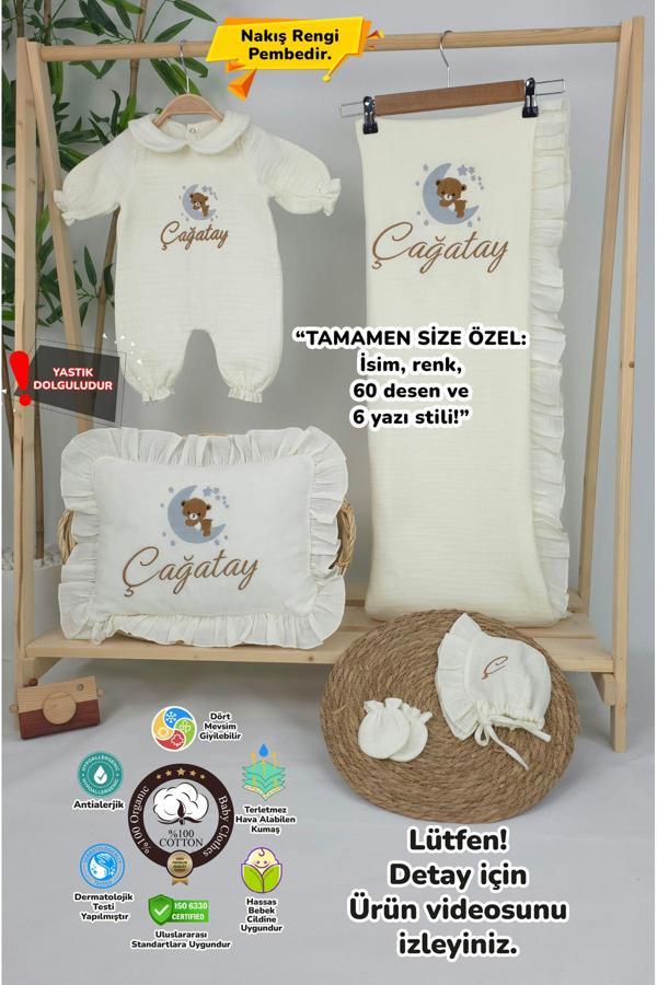 Gros Shop Müslin Yeni Doğan 4Katlı Organik %100Pamuk Kişiye Özgü Nakışlı Hastane Çıkış Seti (Ayıcık Model 4) - Image 1