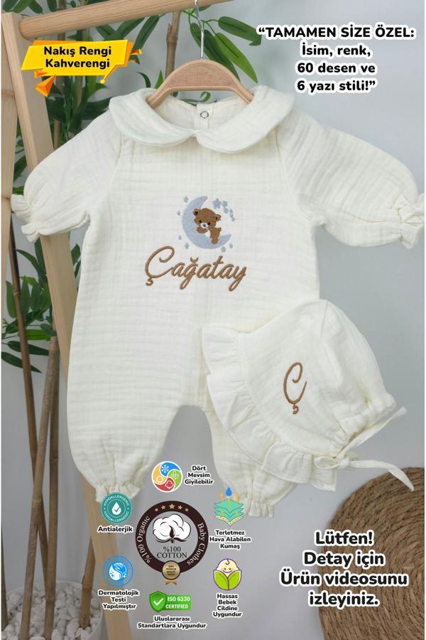 Gros Shop Müslin Yeni Doğan 4Katlı Organik %100Pamuk Kişiye Özgü Nakışlı Hastane Çıkış Seti (Ayıcık Model 4) - Image 1