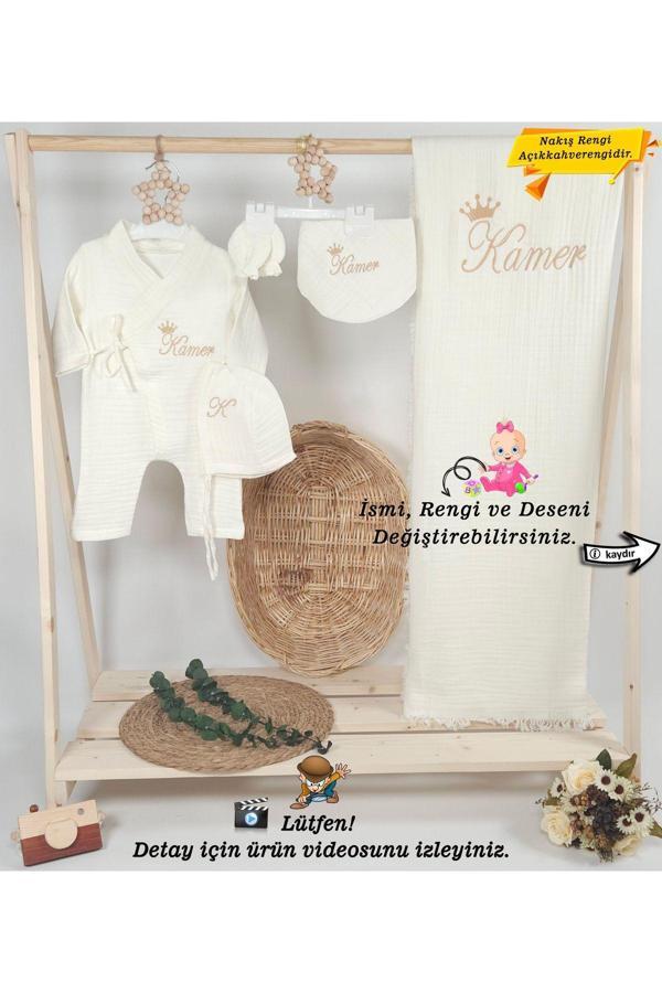 Gros Shop 4Katlı Müslin Kumaş Kral Taçlı Tulum %100Pamuk Hastane Çıkışı Seti (Kişiye Özgüisimli Nakış Desenli) - Image 1