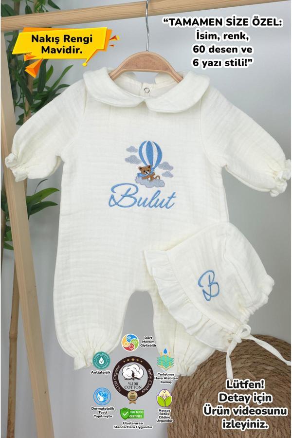 Gros Shop Müslin Yeni Doğan 4Katlı Organik %100Pamuk Kişiye Özgü Nakışlı Hastane Çıkış Seti (Ayıcık Model-3) - Image 1