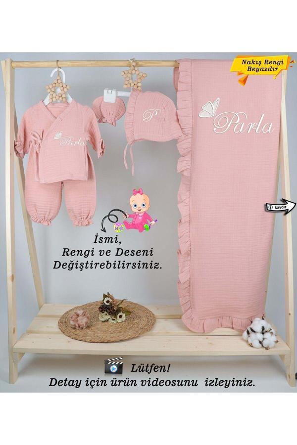 Gros Shop 4 Katlı Müslin 5'Li Kimono Bağcıklı Tulum %100Pamuk Hastane Çıkışı(Kişiye Özgü İsimli Nakış Desenli) - Image 1