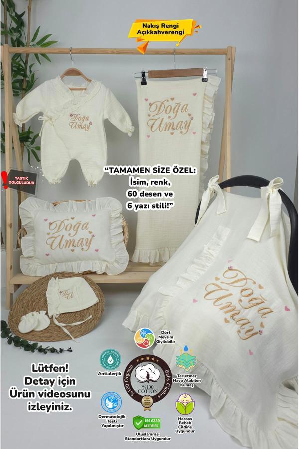 Gros Shop Müslin Yeni Doğan 4Katlı Organik %100Pamuk Kişiye Özgü Nakışlı Hastane Çıkış Seti (Çoklu Kalp-1) - Image 1