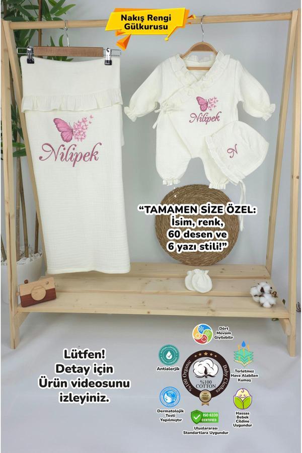 Gros Shop Müslin Yeni Doğan 4Katlı Organik %100Pamuk Kişiye Özgü Nakışlı Hastane Çıkış Seti (Çoklu Kelebek-2) - Image 1